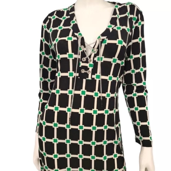 Jules & Leopold Black Green Geometric Belted Midi Dress Silver Chain Detail Sz S - Picture 2 of 14
